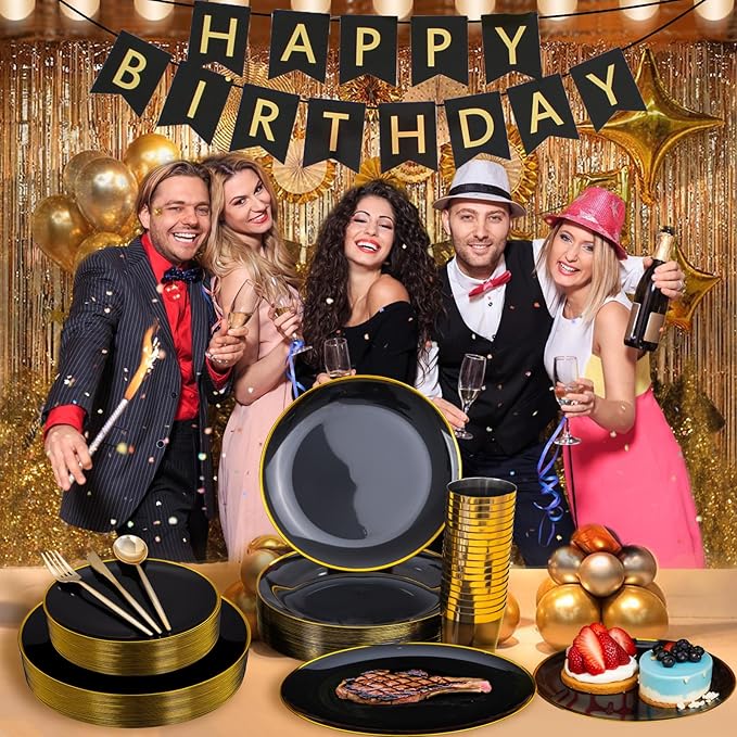 EI 180pcs Black Plastic Plates Black and Gold Disposable Plates Gold Plastic Dinnerware Set Silverware and Cups for Birthday,Wedding,Festival,Party Graduation,Spring Afternoon Tea Business Event