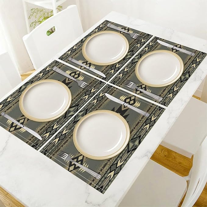 Aztec Southwest Placemats Rustic Tribal Geometric Decorative Table Mat Antique Native Heat Resistant Place Mats for Dining Kitchen Party Holiday Decor 12x18Inch Set of 6