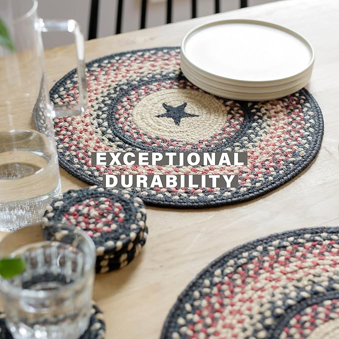 Homespice Primitive Star Gloucester Jute Braided Long Table Runner, Warm Primitive Decor, Black and Red Rectangle 11x36 - Rich Colors, Easy to Clean, Durable and Protects Furniture