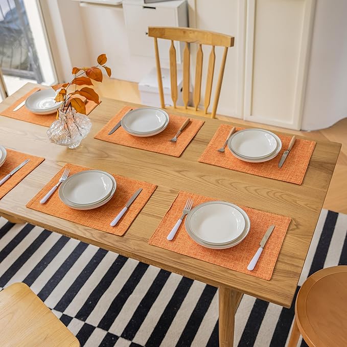 Demetex Orange Placemats Set of 4 Linen Place Mats Decorative Heat Resistant Cloth Table Mats for Party Birthday Gathering Dinner, 13x19 inch, Orange