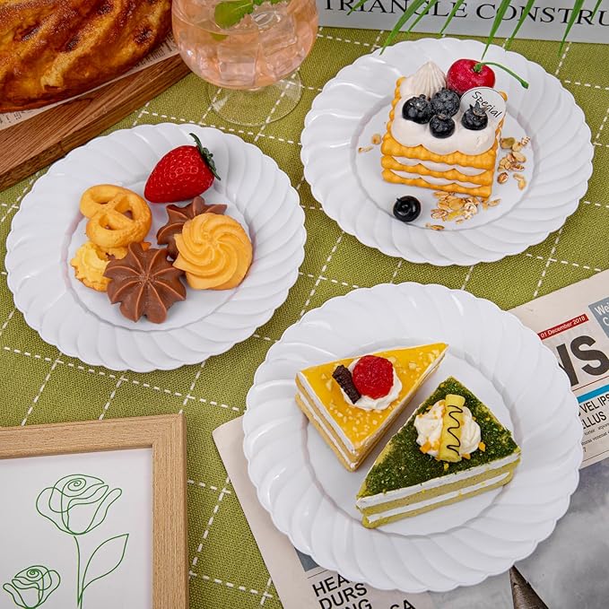 U-QE 100 Pieces White Plastic Plates - 6 Inch White Disposable Plates - Washable & Reusable - Premium Hard Dessert Plates - Party Supplies for Birthdays, Celebrations, Travel, Wedding,Party and Events