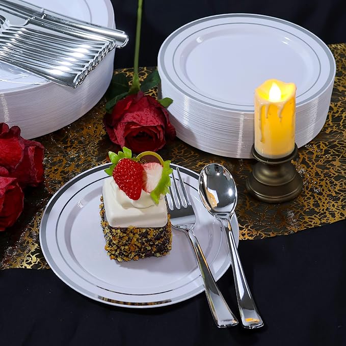 60 PCS Silver Plastic Plates, Silver Disposable Party Plates, Premium Christmas Plastic Plate Include 30 Dinner Platos 10'' and 30 Dessert Platos 7'' Perfect for Birthday, Christmas & Party