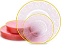 60PCS Pink Plastic Plates with Gold Rim, Lace Patterns Heavy Duty Disposable Plates Include 30 Dinner Plate 10 Inch and 30 Salad Plate 7 Inch for Party, Wedding, Transparent Pink