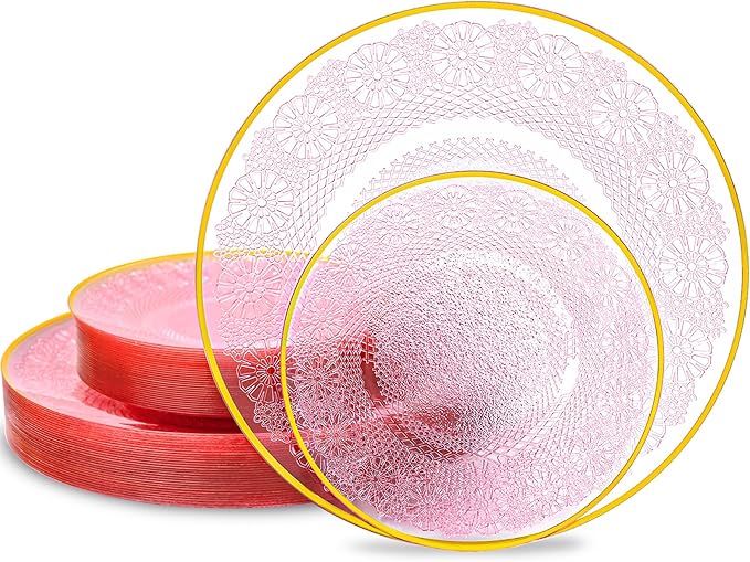 60PCS Pink Plastic Plates with Gold Rim, Lace Patterns Heavy Duty Disposable Plates Include 30 Dinner Plate 10 Inch and 30 Salad Plate 7 Inch for Party, Wedding, Transparent Pink