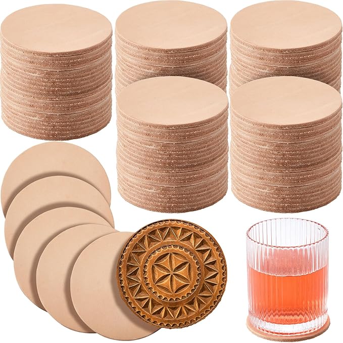 Bulyoou 100 Pack Round Vegetable Tan Leather 3-1/4" Tooling Veg Circular Leather Pieces Sheet for Laser Engraving Coasters Tooling Stamping Carving, Thickness 3.2 mm
