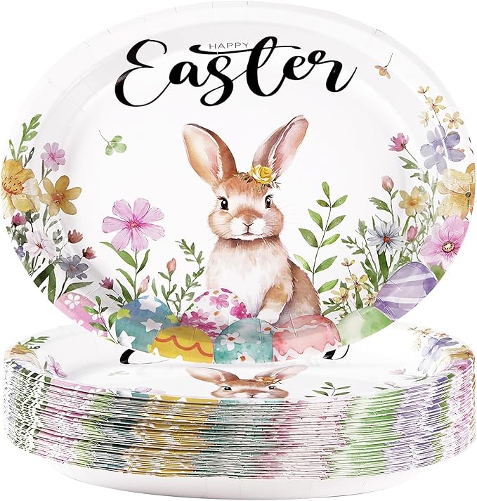 50PCS Easter Oval Paper Plates Easter Decorations 10" X 12" Large Easter Bunny Paper Plates Disposable Easter Party Plates Bunny Egg Flowers Tableware for Spring Easter Holiday Party Supplies