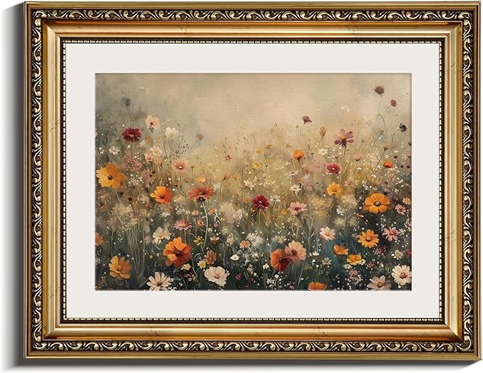 InSimSea Retro Gold Framed Wall Art, Vintage Nature Landscape Flower Wildflower Canvas Print Home Wall Decor, Landscape Farmhouse Decor, Antique Picture Frame Retro Paintings, 11x14 Inch