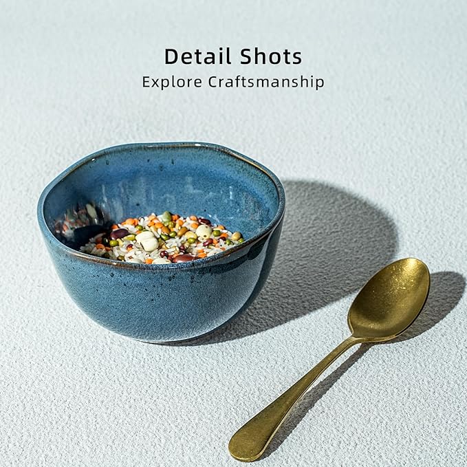 Organic Shape Highland Ceramic Cereal Bowl, 6pcs 5.5 Inch Reactive Glaze Stoneware Rice bowl with Wavy Edge, for Kitchen, Microwave & Dishwasher Safe, Scratch Resistant-Blue