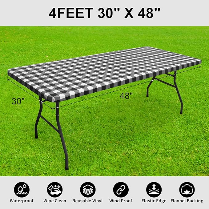 Smiry Rectangle Picnic Table Cloth, Elastic Waterproof Fitted Vinyl Tablecloths, Flannel Backed Buffalo Plaid Table Covers for Dining, Camping, Outdoor (Black and White, 30" x 48")