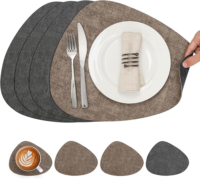 Placemats and Coasters, Washable Reversible Placemats Round Faux Leather Wipeable Place Mats Non Slip Heat Resistant Indoor Outdoor Table Mats (Set of 4, Gray Brown)