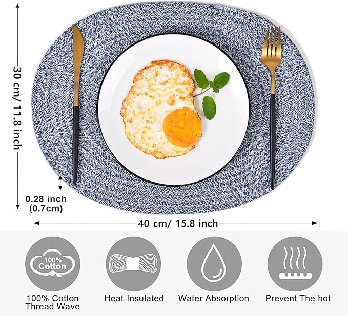 6 Pack Oval Woven Placemats, 12x16 inches Mix Rainbow Oval Plate Charger Cotton Heat Resistant Non-Slip Weave Place Mats Farmhouse Straw Braided Rattan Tablemats Wicker Placemats for Dining