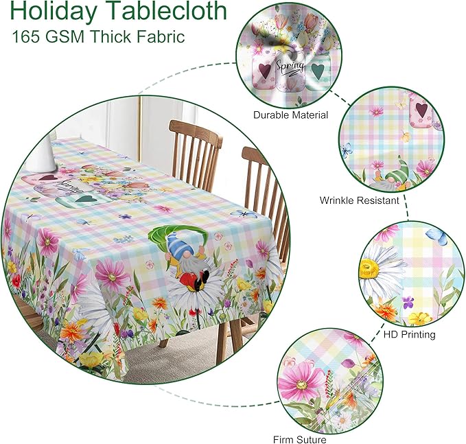 Spring Tablecloth, Rectangle 60 x 120 with Gnome Flowers, Oblong Tablecloth Buffalo Check Plaid Kitchen Table Cover for Dining Room Indoor Decor