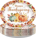 Grencian 50Pcs Thanksgiving Oval Paper Plates 12" X 10" Large Heavy Duty Disposable Fall Pumpkin Flowers Plates Autumn Give Thanks Platter for Fall Harvest Holiday Thanksgiving Party Decorations
