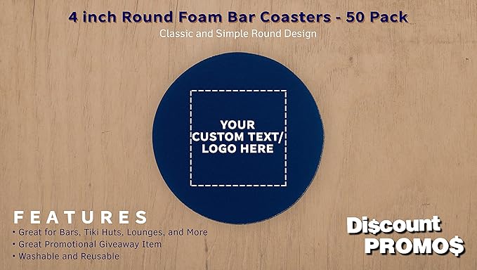 50 Round Foam Bud Coasters Pack, 4 inch - Customizable Text, Logo - PU Foam, Party Favor - Navy Blue