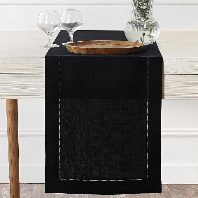 D'Moksha Homes Linen Black Table Runner 90 Inches Long - Classic Hemstitch 100% Pure Linen Dining Table Runner 14 x 90 Inch for Spring, Easter