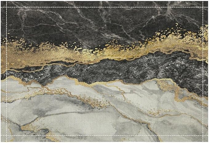 Marble Linen Place Mats Set of 4, 12x17 Inch Modern Luxury Texture Black Grey Gold Marble Washable Fabric Non-Slip Placemats for Home Dining Table Banquets Party Kitchen Decoration