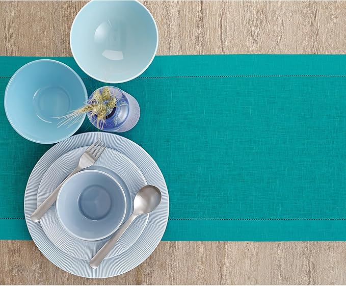 Solino Home Linen Hemstitch Table Runner 90 Inches Long - 100% Pure Linen Teal Table Runner 14 x 90 Inch - Classic Hemstitch