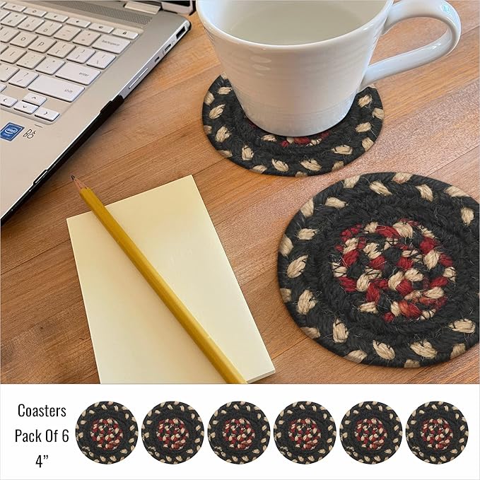 Homespice Primitive Star Gloucester Braided Jute Coasters 4", Warm Primitive Decor, Set of 6, Black and Red - Durable, Absorbs Moisture, Easy to Clean and Protects Furniture