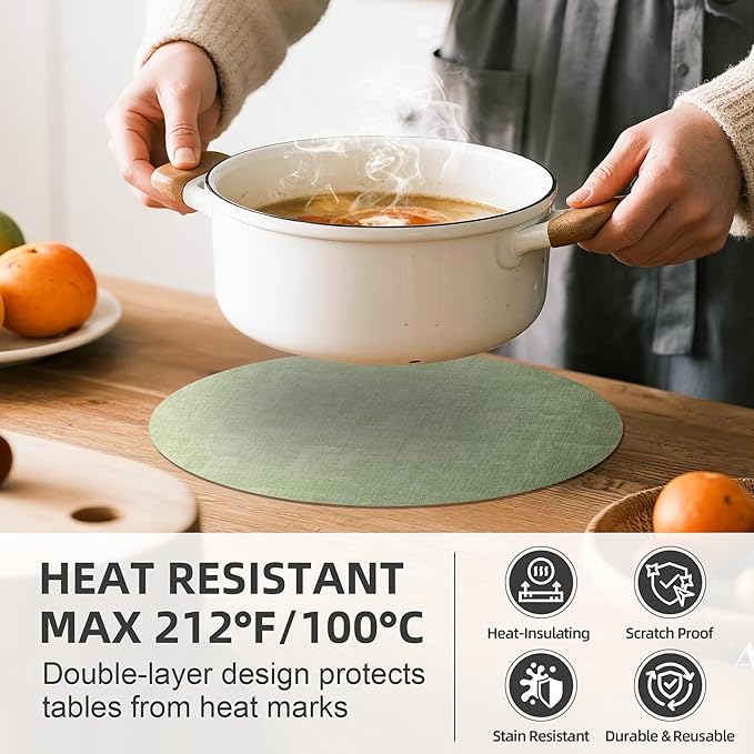 15 inch Faux Leather Round Placemats Set of 6 Non-Slip Washable Wipeable Table Mats, Heat Resistant Waterproof Oilproof Sage Green Place Mats for Kitchen, Dining, Party, Indoor, Outdoor