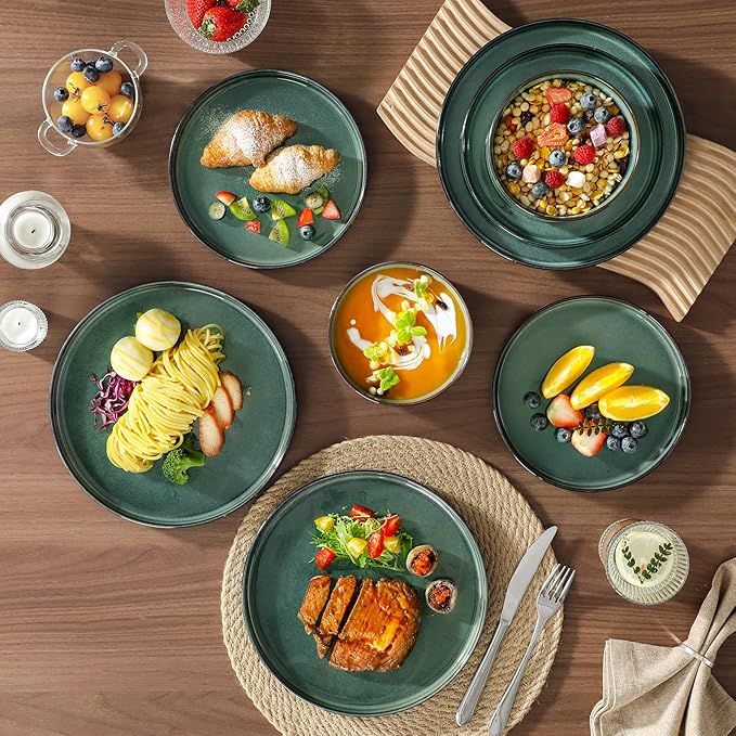 vancasso Starry Plates and Bowls Sets for 8, 24 Pieces Green Dinnerware Sets for Kitchen, Modern Stoneware Dishes Set, Dishwasher and Microwave Safe