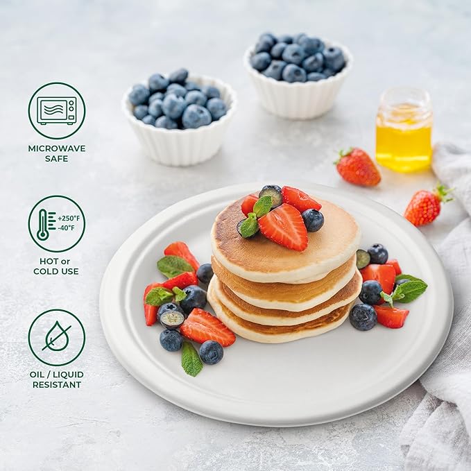 Freshware Paper Plates - Disposable 9" Plate, 500-Pack Biodegradable Sugarcane Dinner Plates - Heavy Duty Dinnerware for Hot Food - Microwave & Freezer Safe, Stackable Dinnerware