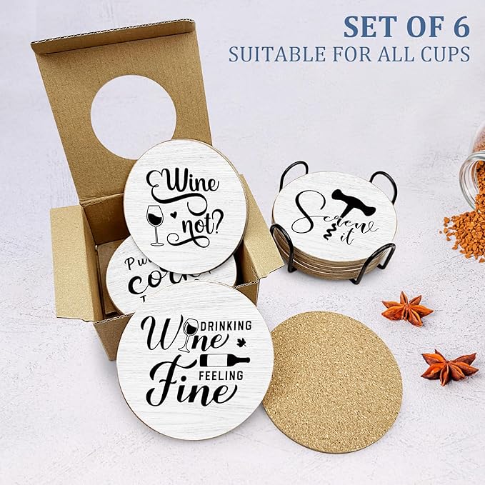 Funny Sayings Cork Coasters for Drinks Absorbents with Holder 6 Pcs Gift Set,Wine Lovers Gifts,Unique Present for Housewarming,Living Room Decor,Kitchen Decor Accessories.