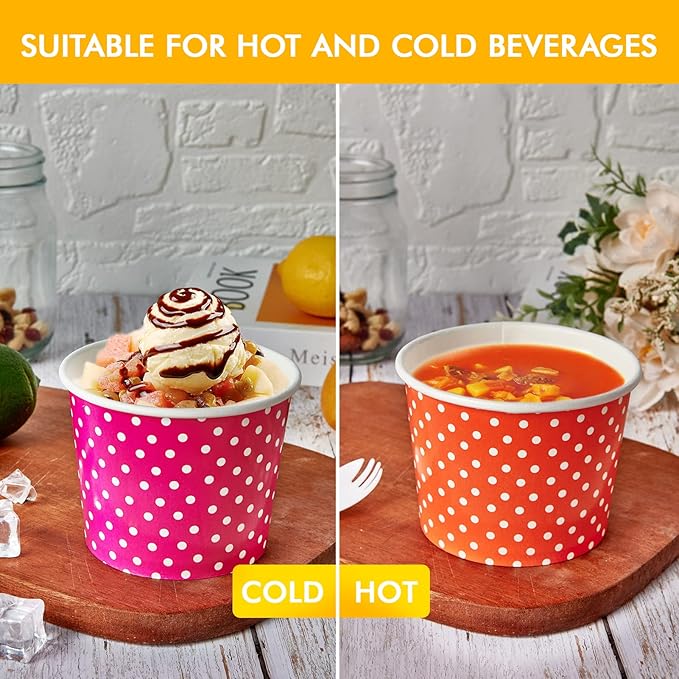 LITOPAK 120 Pack 12 oz Ice Cream Cups, Disposable Dessert Cups for Cold or Hot Food, Coloured Paper Dessert Bowls for Soups, Sundaes, and Ice Cream