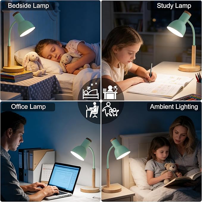 WLHONG LED Desk Lamp, Modern Table Lamps 3 Color Modes, Eye-Caring Reading Light, Desk Light with Adjustable Flexible Gooseneck, Study Lamp for Kids Audlt Bedside Dorm Room Essentials (Green)