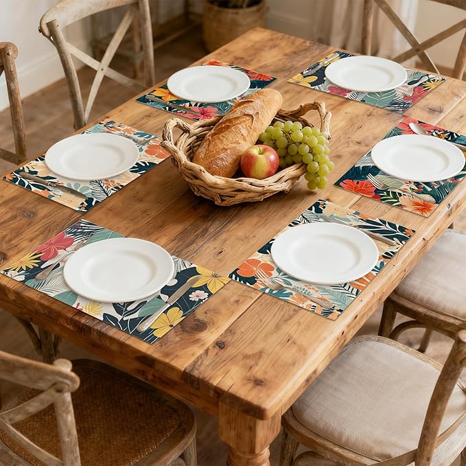 Tropical Floral 12x18 Inch Placemats Set of 6 - Orange Waterproof, Non-Slip & Washable Table Mats for Kitchen & Dining Table Placemats