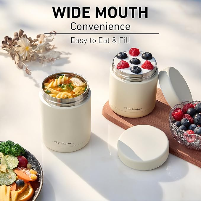 Stainless Steel Insulated Food Jar Set of 2 (16oz + 12oz) | Wide Mouth | Hot Food Lunch Container | Thermal Lunch Box | Insulated Soup Bowl | Hot & Cold Lunch Box for Adults, Teens | Vanilla