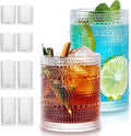 Hobnail Drinking Glasses Set of 8, 4 Highball Glasses 15oz,4 Rocks Glasses 12oz,Mixed Drink Cocktail Glass, Vintage Embossed Glassware Sets for Whiskey,mocktails, Water & Juice Drinkware