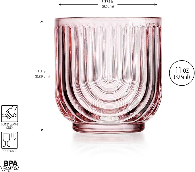 Glaver's Vintage Glassware Art Deco Glasse Ribbed Drinking Glasses U-Shape Arch Design Colored Cocktail Kitchen Tumblers Everyday Dinner Decorative Party (Pink S/4 11oz)