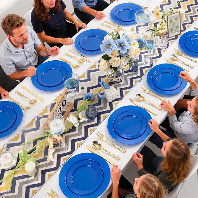 I00000 200 Pcs Plastic Plates, Plates Disposable Blue Party Plates Include 100 Blue Dinner Plate 10’’ and 100 Plastic Dessert Plate 7’’ Perfect for Wedding, Party