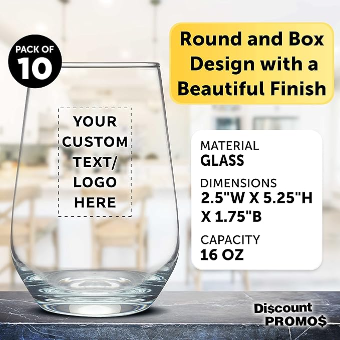 DISCOUNT PROMOS 10 Vaso Silicia Stemless Wine Glasses Set, 16 oz. - Personalized Text, Logo - Clear, Orb-Like, Thick base - Clear