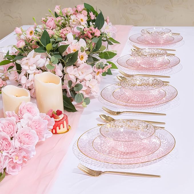 Rubtlamp 30 Pack Clear Pink Disposable Bowls, Clear Plastic Bowls with Gold Rim, 12-16oz Premium Heavy Duty Plastic Dinner Bowls for Party, Wedding and Holiday