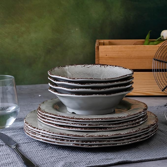LEHAHA Melamine Salad Bowls Set, 7”x2” Round Small Pasta Bowls Set, Set of 6 Melamine All Purpose Bowl sets, Great for Everyday Use, Warm Gray