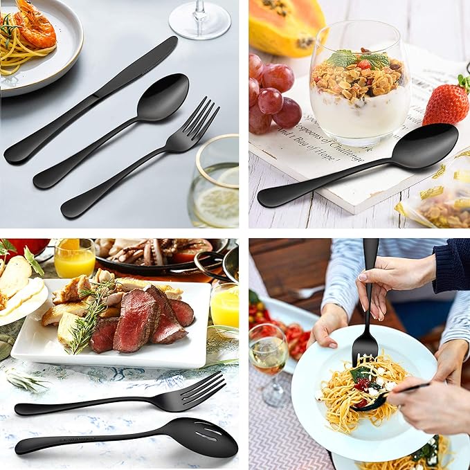 LIANYU 36-Piece Black Silverware Set with Serving Utensils, Stainless Steel Black Silverware Flatware Set for 6, Cutlery Tableware Includes Forks Spoons Knives, Mirror Polished, Dishwasher Safe