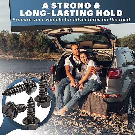 Black License Plate Screws Kit - Set of 8 Fasteners For Front and Back License Plates and License Plate Frames or Covers on Domestic Cars, Trucks, SUVs - Rustproof, Self Tapping Mounting Bolts (Black)