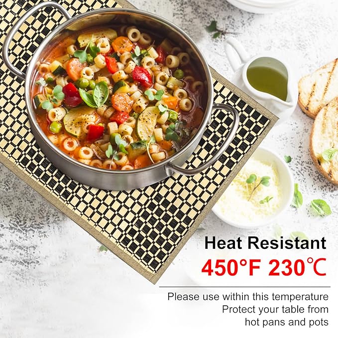 ANDSTAR Set of 8 Pcs Bamboo Placemats Rectangle Table Placemats Natural Anti-Slip Washable Heat-Resistant Table Mats for Dining Room and Kitchen(Plaid Natural Color)