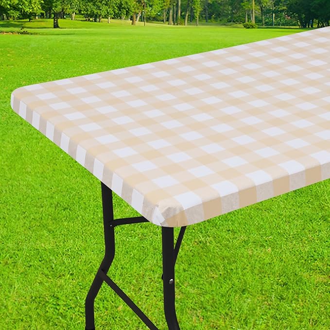 Smiry Rectangle Picnic Table Cloth, Elastic Waterproof Fitted Vinyl Tablecloths, Flannel Backed Buffalo Plaid Table Covers for Dining, Camping, Outdoor (White and Beige, 30" x 72")