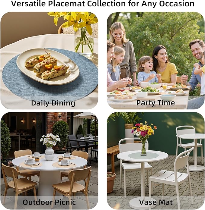 Round Wipeable Placemats Set of 6 – Faux Leather Round Table Mats, Waterproof & Washable Vinyl Placemats, Circle Design for Dining Table Decor– Ivory Beige