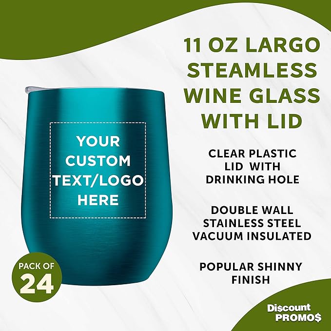 Custom Stemless Wine Glass Tumblers with Lids by Largo 11 oz. Set of 24, Personalized Bulk Pack - Perfect for Wine, Cocktails, Other Hot & Cold Beverages - Teal