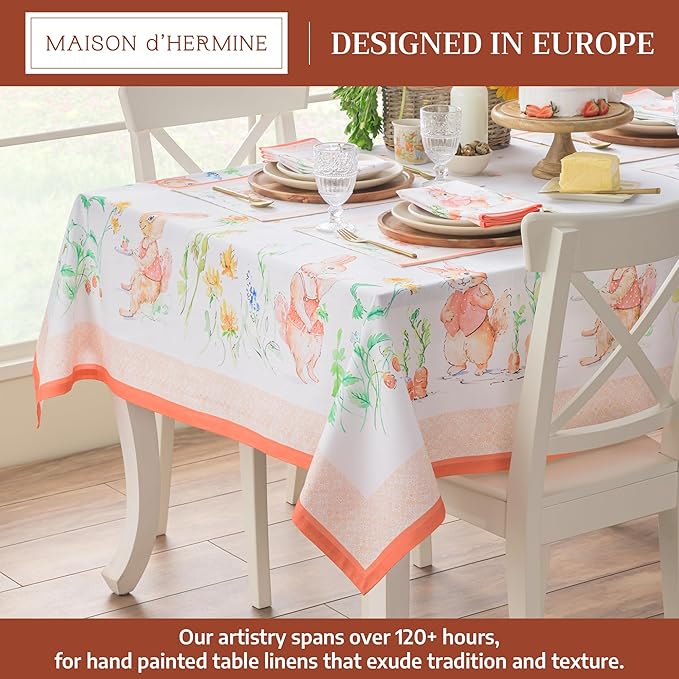 Maison d' Hermine Table Cloth Rectangle Table 100% Cotton 60 x 120 Inches Tablecloth Reusable Decorative for Dining Room Farmhouse Home Valentines Day Decorations Spring Summer - Bunny Party