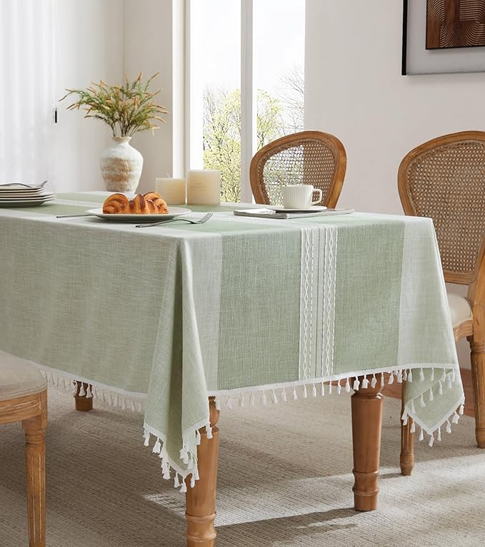 ZeeMart Contrast Linen Table Cloth Rectangle Table Cloths 52x70 Inch Mid-Stripe Green, Farmhouse Style Heavy Weight Sage Green Tablecloth, Water Resistant Burlap Tablecloths
