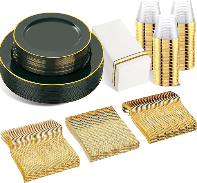 SUT 350PCS Green and Gold Plastic Plates for 50 Guests, Disposable Plates and Napkins Party Supplies, Gold Plastic Silverware, Plates, Cups and Napkins Sets，Party Plates and Cups and Napkins Sets