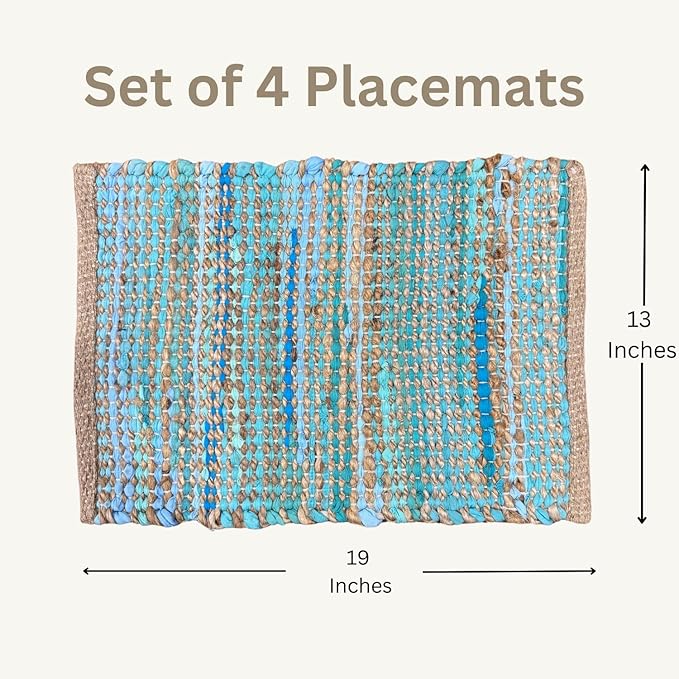 Perilla Home Natural Chindi Jute Placemats Set of 4 Vintage Boho 13x19 Inch Table Mats for Kitchen Dining Home Decor Rectangle Turquoise Stripe Rustic Placemat