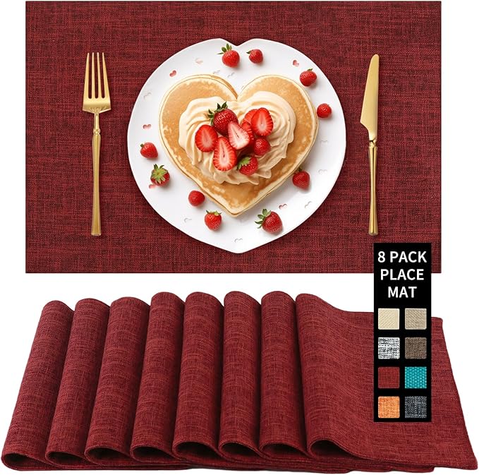 Red Placemats Set of 8, Washable Dining Table Mats Cloth Place Mats, Elegant Placemats for Valentines Day Holiday, Heat Resistant Kitchen Burgundy Place Mats, Easy to Clean(Burgundy)