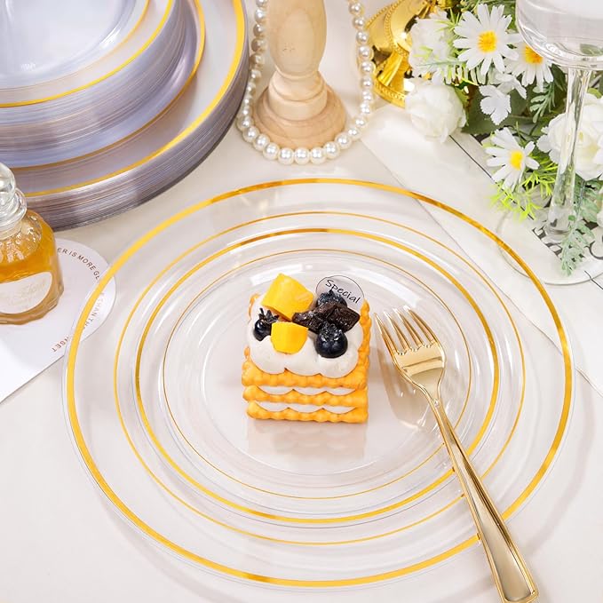 FLOWERCAT 100PCS Clear Plates with Gold Trim - Heavy Duty Clear and Gold Plastic Plate Disposable for Birthday Party/Wedding Include 50PCS 10.25inch Dinner Plates - 50PCS 7.5inch Cake Plate