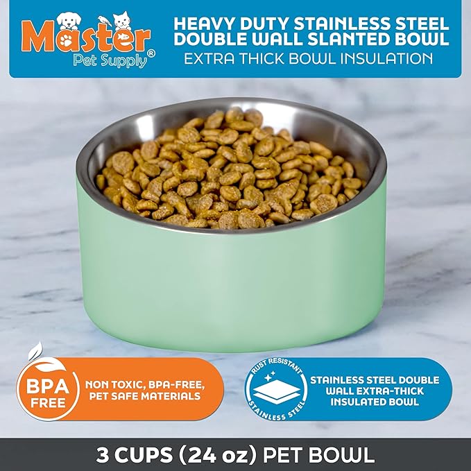 Master Pet Supply Stainless Steel Slanted Dog Cat Food Bowl - 24 oz Heavy Duty - Pistachio, Double Wall Insulated, Non-Slip Elevated Bowl for French Bulldogs Pugs Cats, Anti Rust Dishwasher Safe
