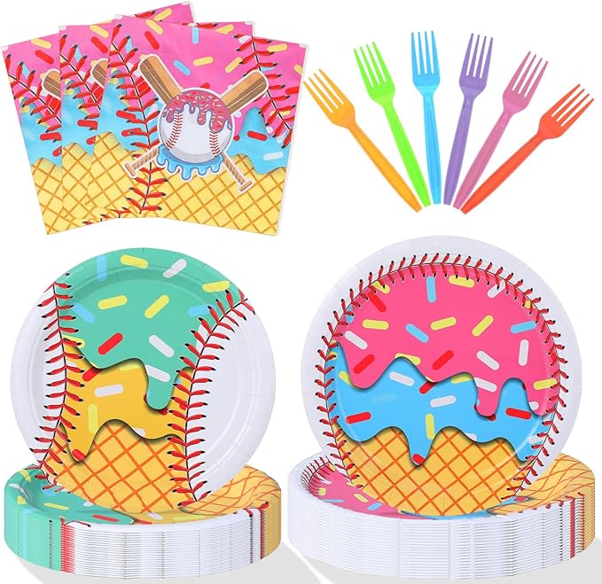 Yungyan 24 Sets Ice Cream Drip Baseball Party Supplies Disposable Ice-cream Drip Baseball Paper Plates and Napkins Forks Summer Sports Party Baby Shower Decoration Tableware Set Dinnerware for Women